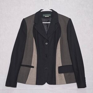 Harve Benard Wool Blend Mixed Pattern Blazer Jacket Black Plaid Size 12 55M3090